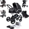 Bronea EXQUISE Luxe Multi-functionele Kinderwagen 3 In 1 | Zwart / Silver | Incl. MATRAS, Buggy, Autostoel, Luiertas, Regenhoes, Voetenwarmer, Muggen Net & Zonneklep