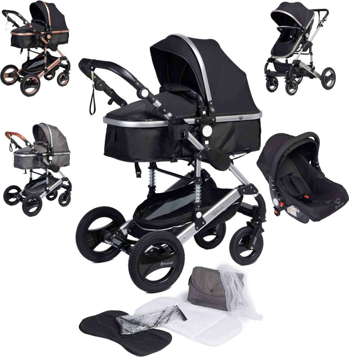 Bronea EXQUISE Luxe Multi-functionele Kinderwagen 3 In 1 | Zwart / Silver | Incl. MATRAS, Buggy, Autostoel, Luiertas, Regenhoes, Voetenwarmer, Muggen Net & Zonneklep 1 Bronea EXQUISE Luxe Multi-functionele Kinderwagen 3 In 1 | Zwart / Silver | Incl. MATRAS, Buggy, Autostoel, Luiertas, Regenhoes, Voetenwarmer, Muggen Net & Zonneklep