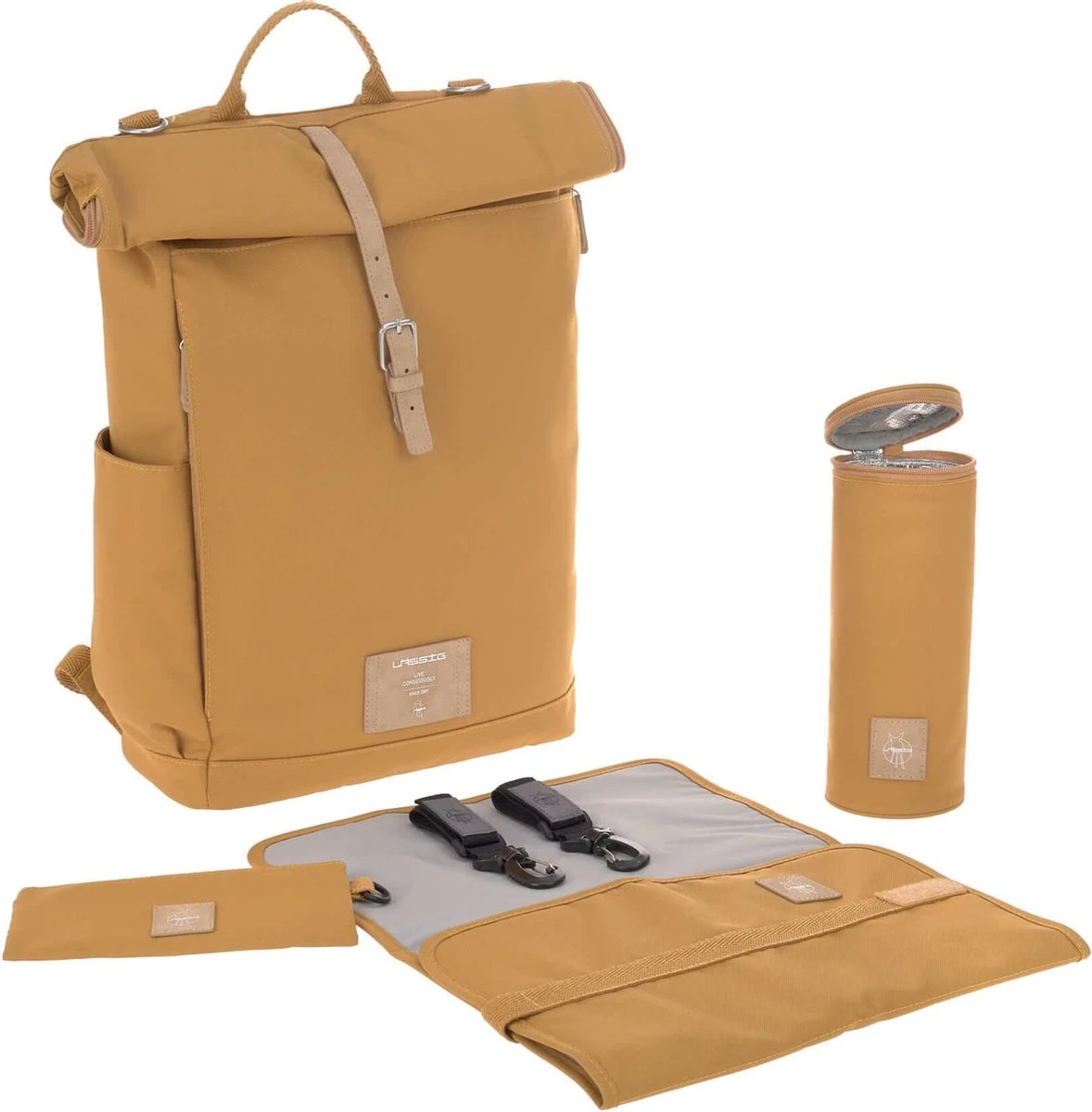 LÄSSIG Luiertas Rolltop Backpack Rugzak Incl Verschoningsmatje - Curry 5 LÄSSIG Luiertas Rolltop Backpack Rugzak Incl Verschoningsmatje - Curry - Afbeelding 5