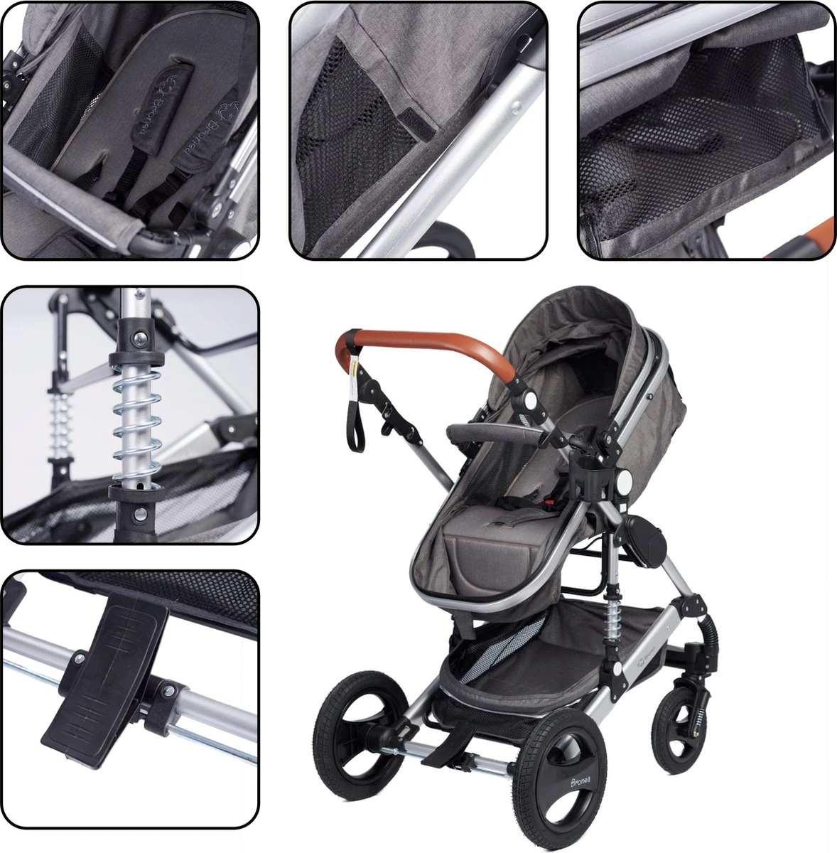 Bronea EXQUISE Luxe Multi-functionele Kinderwagen 3 In 1 | Zwart / Silver | Incl. MATRAS, Buggy, Autostoel, Luiertas, Regenhoes, Voetenwarmer, Muggen Net & Zonneklep 5 Bronea EXQUISE Luxe Multi-functionele Kinderwagen 3 In 1 | Zwart / Silver | Incl. MATRAS, Buggy, Autostoel, Luiertas, Regenhoes, Voetenwarmer, Muggen Net & Zonneklep - Afbeelding 5