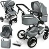 KIDUKU- 3 In 1 Combi-kinderwagen- Grijs/zilver- Buggy Incl. Autostoeltje-regenhoes- Inklapbaar