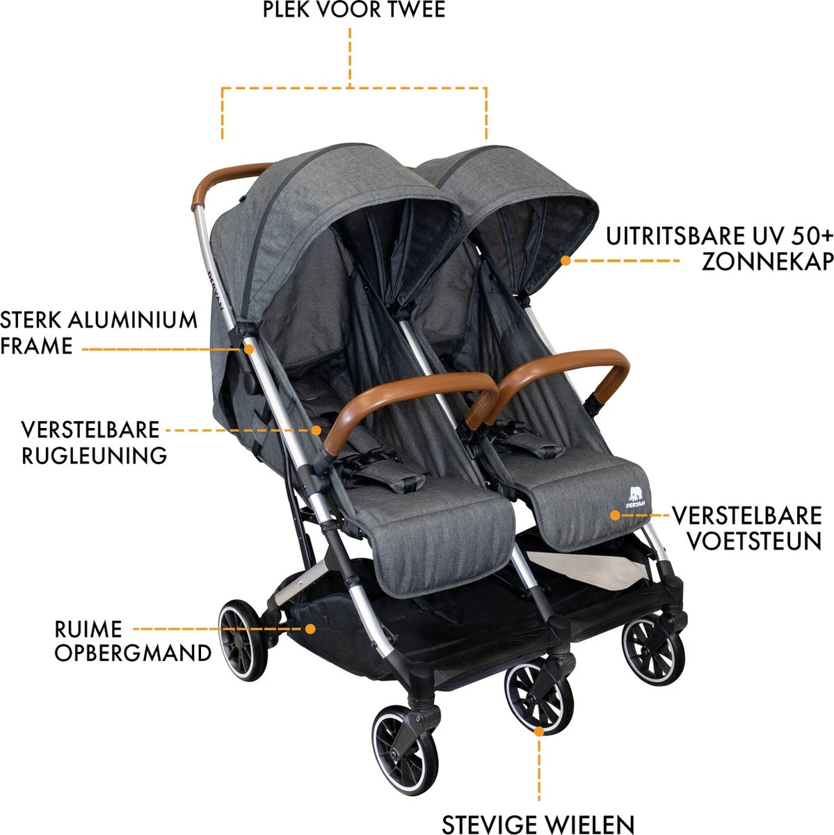Deryan Luxe Rolo X2 Dubbele Buggy - Duo Buggy - Grijs 7 Deryan Luxe Rolo X2 Dubbele Buggy - Duo Buggy - Grijs - Afbeelding 7