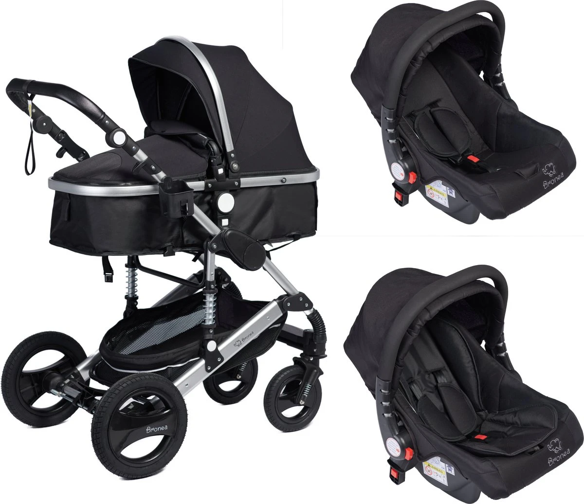 Bronea EXQUISE Luxe Multi-functionele Kinderwagen 3 In 1 | Zwart / Silver | Incl. MATRAS, Buggy, Autostoel, Luiertas, Regenhoes, Voetenwarmer, Muggen Net & Zonneklep 3 Bronea EXQUISE Luxe Multi-functionele Kinderwagen 3 In 1 | Zwart / Silver | Incl. MATRAS, Buggy, Autostoel, Luiertas, Regenhoes, Voetenwarmer, Muggen Net & Zonneklep - Afbeelding 3