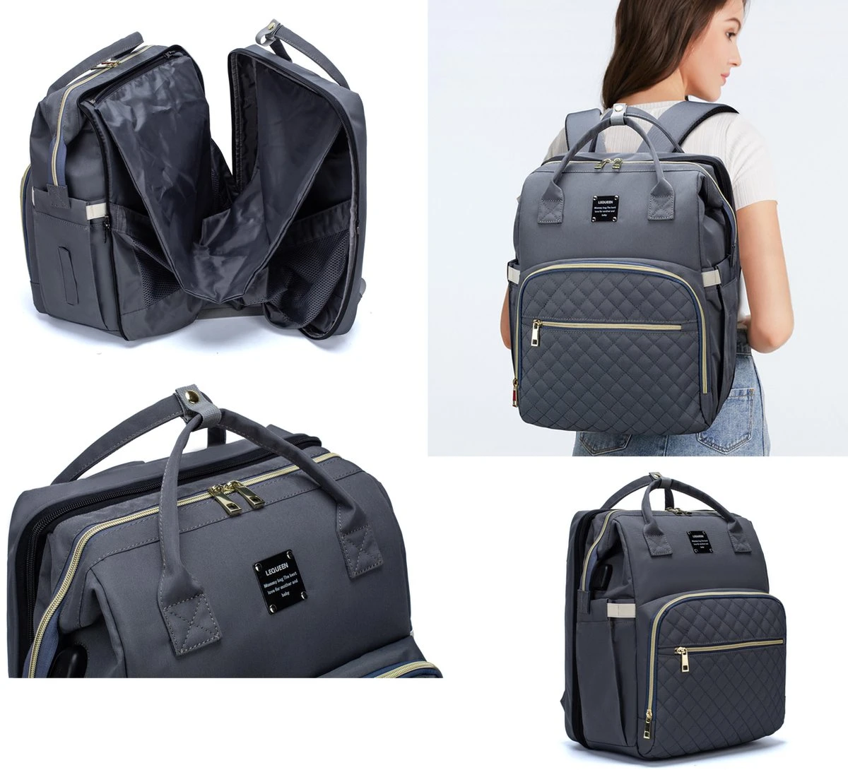 Luiertas - Multifuctioneel Luiertas 3 In 1 - Met Babybedje - Met Verschoningsmatje - Grijs - Met Usb - Met Verdikt Matras 9 Luiertas - Multifuctioneel Luiertas 3 In 1 - Met Babybedje - Met Verschoningsmatje - Grijs - Met Usb - Met Verdikt Matras - Afbeelding 9