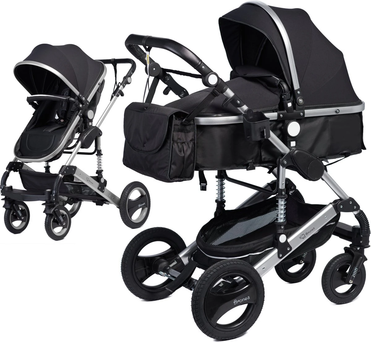 Bronea EXQUISE Luxe Multi-functionele Kinderwagen 3 In 1 | Zwart / Silver | Incl. MATRAS, Buggy, Autostoel, Luiertas, Regenhoes, Voetenwarmer, Muggen Net & Zonneklep 2 Bronea EXQUISE Luxe Multi-functionele Kinderwagen 3 In 1 | Zwart / Silver | Incl. MATRAS, Buggy, Autostoel, Luiertas, Regenhoes, Voetenwarmer, Muggen Net & Zonneklep - Afbeelding 2