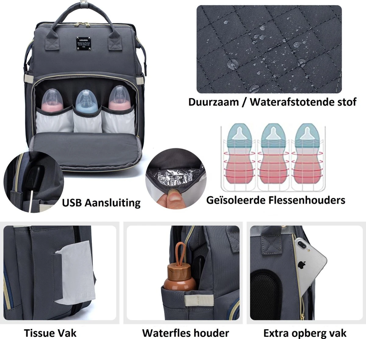 Luiertas - Multifuctioneel Luiertas 3 In 1 - Met Babybedje - Met Verschoningsmatje - Grijs - Met Usb - Met Verdikt Matras 3 Luiertas - Multifuctioneel Luiertas 3 In 1 - Met Babybedje - Met Verschoningsmatje - Grijs - Met Usb - Met Verdikt Matras - Afbeelding 3