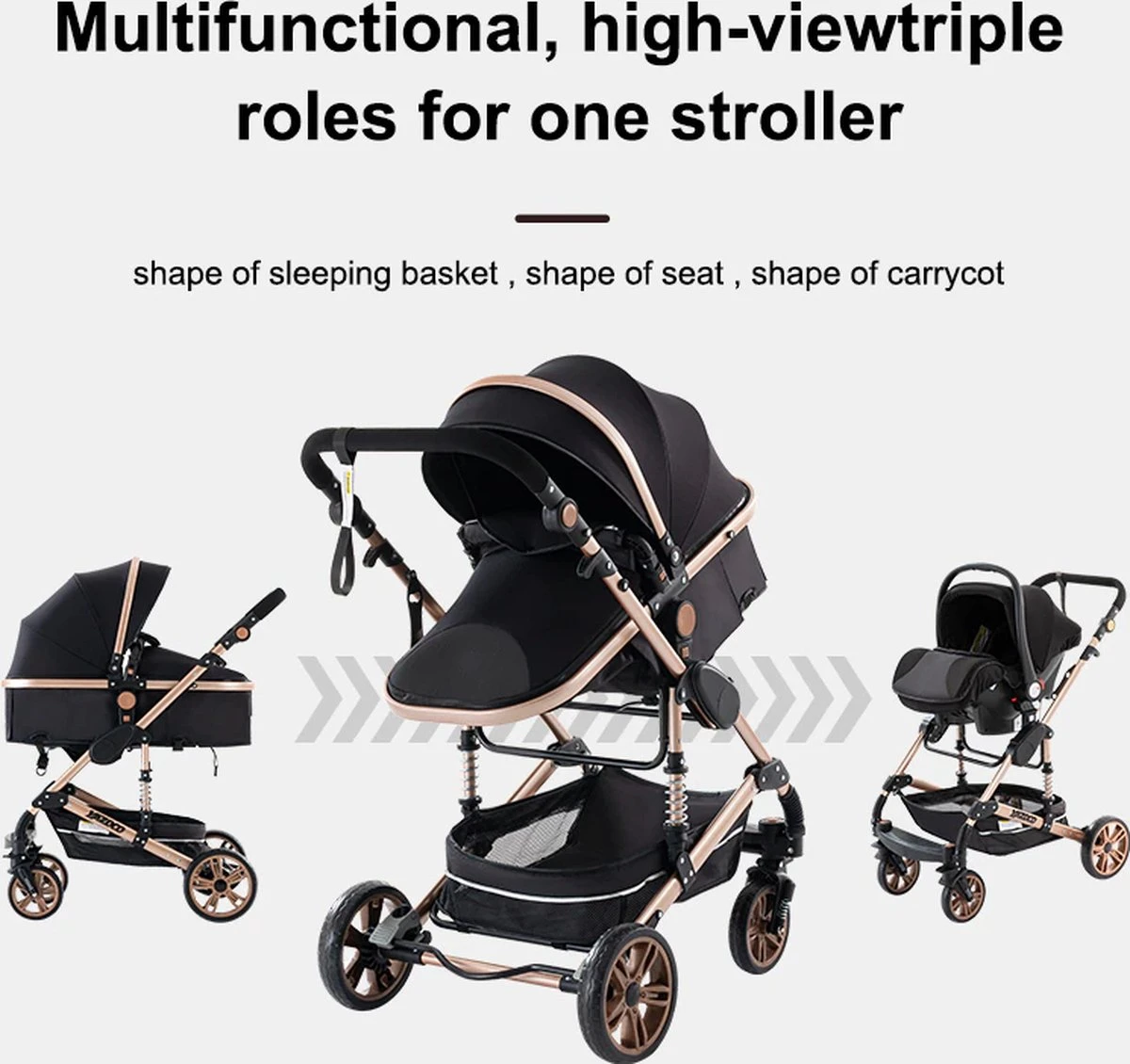 Luxe Kinderwagen 3 In 1 - Wandelwagen - Kinderwagen 3-in-1 Incl Autostoel - Kinderwagen Maxi Cosi – Buggy 3 In 1 - Newborn - Zwart/goud 10 Luxe Kinderwagen 3 In 1 - Wandelwagen - Kinderwagen 3-in-1 Incl Autostoel - Kinderwagen Maxi Cosi – Buggy 3 In 1 - Newborn - Zwart/goud - Afbeelding 10