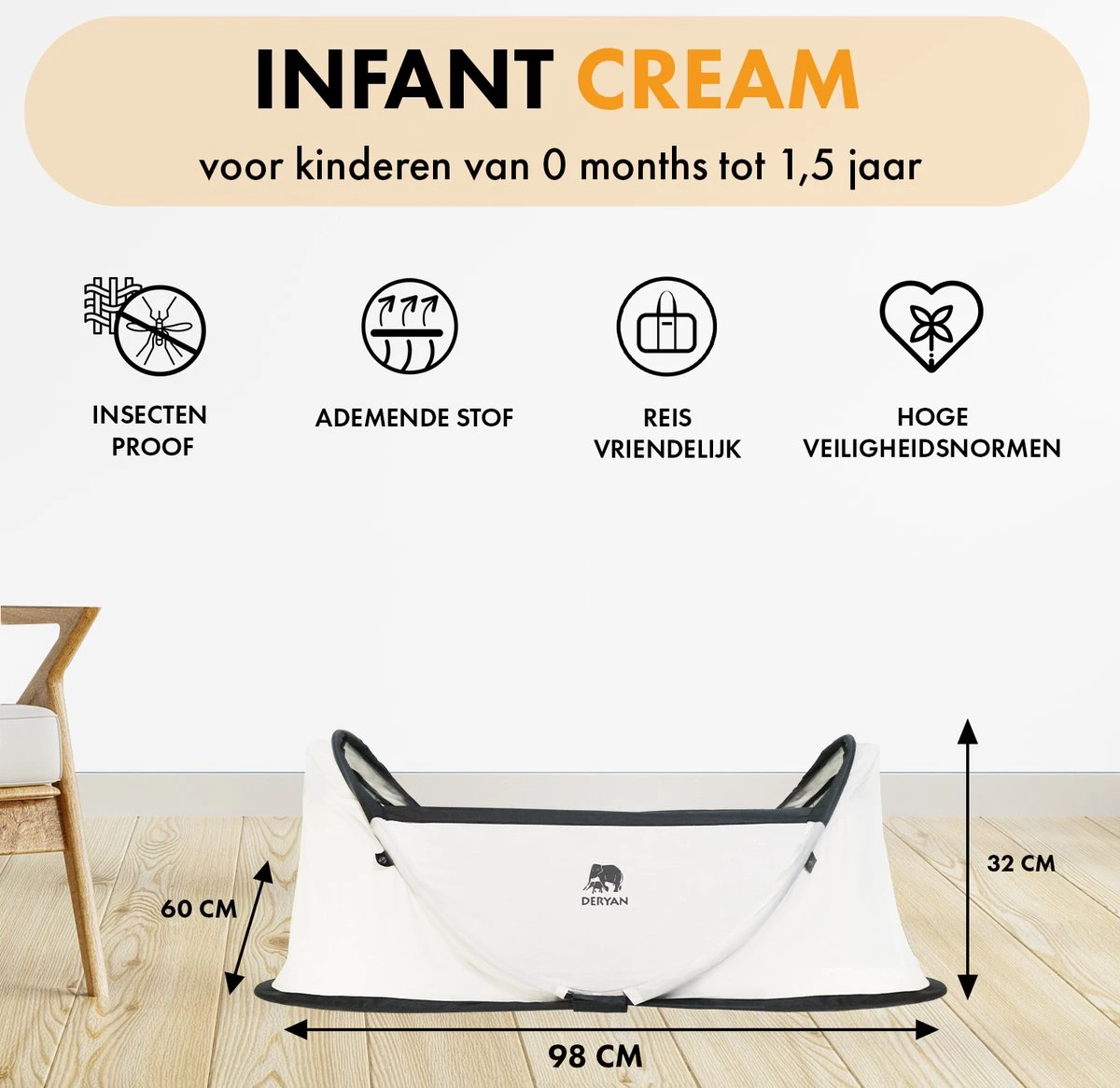 Deryan Infant BabyBox Campingbedje - Baby Klamboe - Cream 2 Deryan Infant BabyBox Campingbedje - Baby Klamboe - Cream - Afbeelding 2