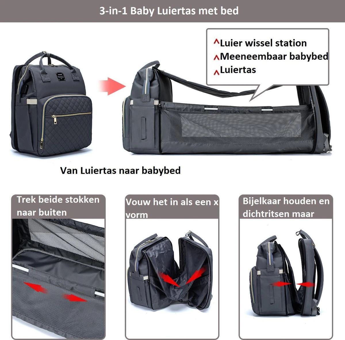 Luiertas - Multifuctioneel Luiertas 3 In 1 - Met Babybedje - Met Verschoningsmatje - Grijs - Met Usb - Met Verdikt Matras 11 Luiertas - Multifuctioneel Luiertas 3 In 1 - Met Babybedje - Met Verschoningsmatje - Grijs - Met Usb - Met Verdikt Matras - Afbeelding 11