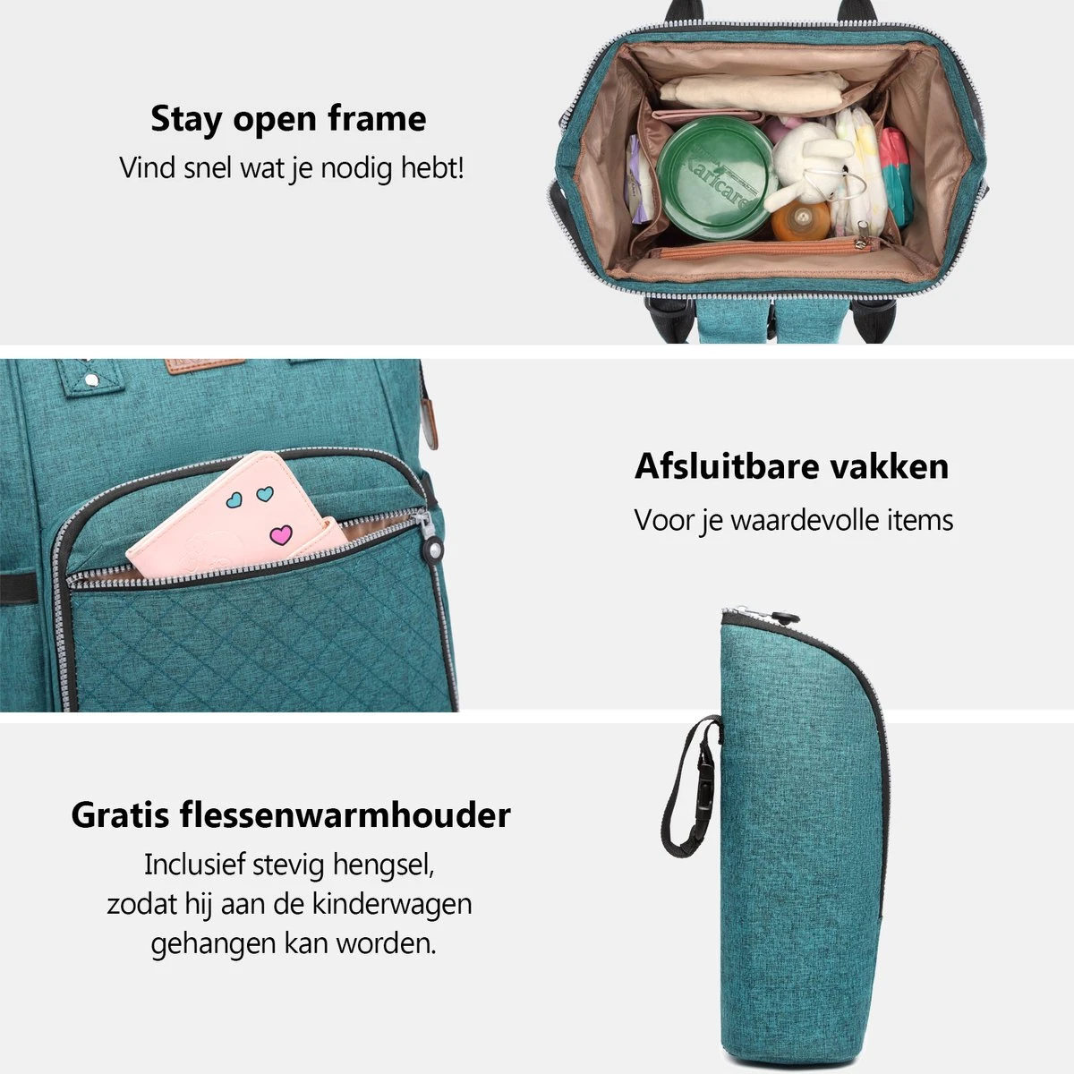 Miss Lulu Luiertas Rugzak - Inclusief Buggy En Kinderwagen Haken - Groen (E6705 GN) 3 Miss Lulu Luiertas Rugzak - Inclusief Buggy En Kinderwagen Haken - Groen (E6705 GN) - Afbeelding 3