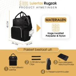 NanaBeebi Luiertas Rugzak Met Verschoonmatje - Zwart - Inclusief Flessenwarmhouder - Kinderwagenhaken En Isoleervak -Babyproducten Winkel 1200x1200 310