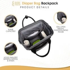 NanaBeebi Luiertas Rugzak Met Verschoonmatje - Zwart - Inclusief Flessenwarmhouder - Kinderwagenhaken En Isoleervak -Babyproducten Winkel 1200x1200 311