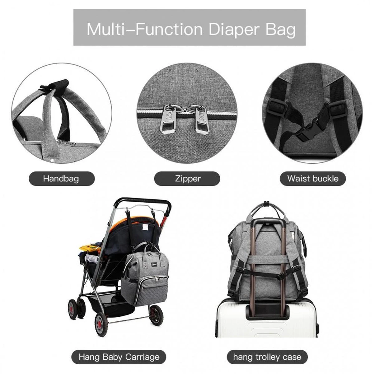 Miss Lulu Luiertas Rugzak - Luiertas Met USB Oplaadstation - Baby Tas Inclusief Buggy En Kinderwagen Haken - Grijs (E6705USB GY) 4 Miss Lulu Luiertas Rugzak - Luiertas Met USB Oplaadstation - Baby Tas Inclusief Buggy En Kinderwagen Haken - Grijs (E6705USB GY) - Afbeelding 4