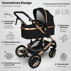 KIDUKU- 3 In 1 Combi-kinderwagen- Zwart/goud- Buggy Incl. Autostoeltje-regenhoes- Inklapbaar -Babyproducten Winkel 1200x1200 728