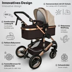 KIDUKU- 3 In 1 Combi-kinderwagen- Bruin/goud- Buggy Incl. Autostoeltje-regenhoes- Inklapbaar -Babyproducten Winkel 1200x1200 735