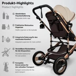KIDUKU- 3 In 1 Combi-kinderwagen- Bruin/goud- Buggy Incl. Autostoeltje-regenhoes- Inklapbaar -Babyproducten Winkel 1200x1200 741