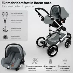 KIDUKU- 3 In 1 Combi-kinderwagen- Grijs/zilver- Buggy Incl. Autostoeltje-regenhoes- Inklapbaar -Babyproducten Winkel 1200x1200 748
