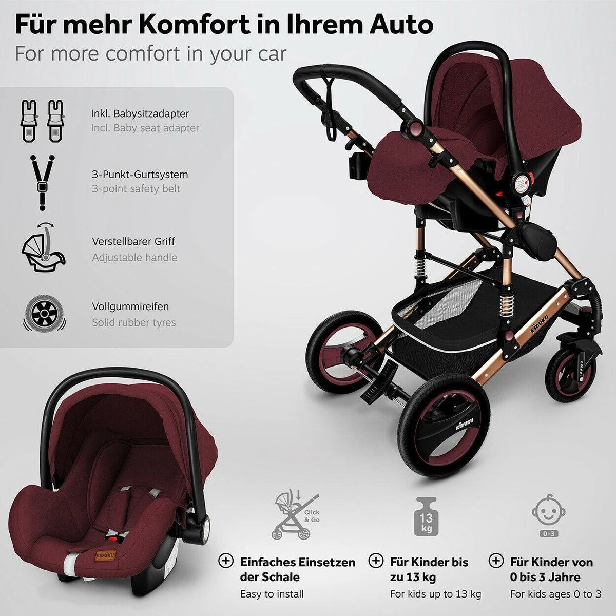 KIDUKU- 3 In 1 Combi-kinderwagen- Bordeaux- Zwart-goud- Buggy Incl. Autostoeltje-regenhoes- Inklapbaar 7 KIDUKU- 3 In 1 Combi-kinderwagen- Bordeaux- Zwart-goud- Buggy Incl. Autostoeltje-regenhoes- Inklapbaar - Afbeelding 7