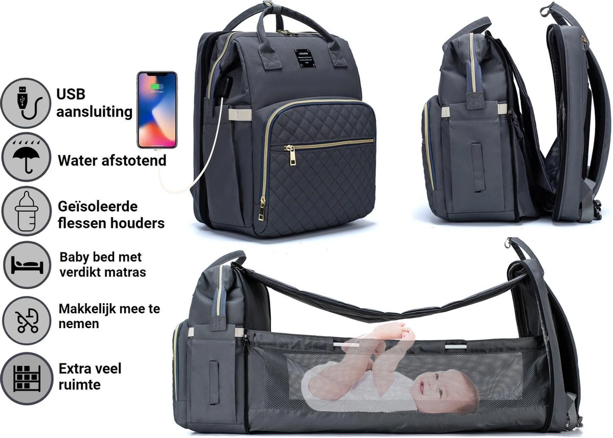 Luiertas - Multifuctioneel Luiertas 3 In 1 - Met Babybedje - Met Verschoningsmatje - Grijs - Met Usb - Met Verdikt Matras 1 Luiertas - Multifuctioneel Luiertas 3 In 1 - Met Babybedje - Met Verschoningsmatje - Grijs - Met Usb - Met Verdikt Matras