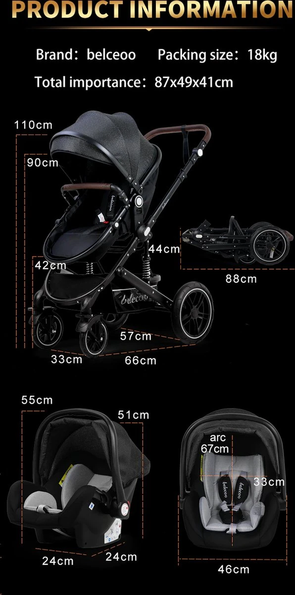 Belecoo - Luxe Kinderwagen - 3-in-1 Buggy - Opklapbare Wandelwagen - Autostoel - Wieg - Multifunctioneel - Zwart 5 Belecoo - Luxe Kinderwagen - 3-in-1 Buggy - Opklapbare Wandelwagen - Autostoel - Wieg - Multifunctioneel - Zwart - Afbeelding 5