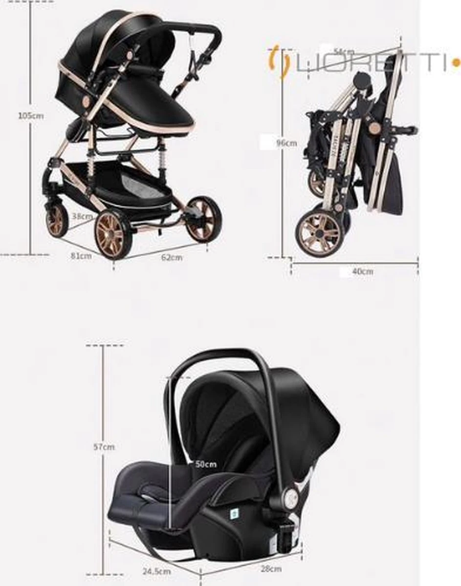 Merkloos Lioretti® Luxe Baby Buggy 3 In 1 | Baby Wagen | Kinderwagen Met Stoel En Wieg | Inklapbaar | Hoge Kwaliteit | Combi | Zwart 11 Merkloos Lioretti® Luxe Baby Buggy 3 In 1 | Baby Wagen | Kinderwagen Met Stoel En Wieg | Inklapbaar | Hoge Kwaliteit | Combi | Zwart - Afbeelding 11